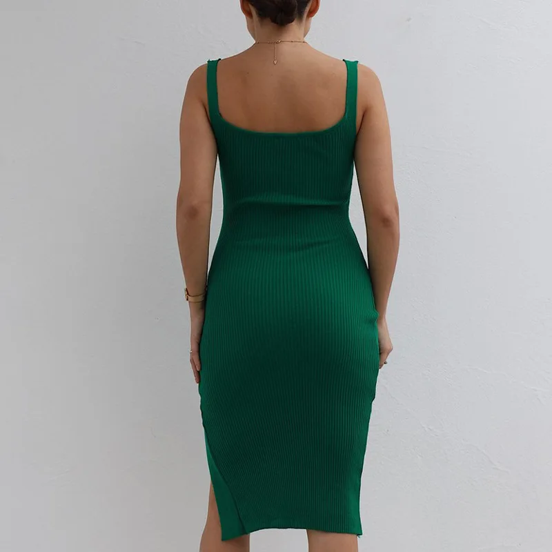 2022 Summer Green Midi Bodycon Dress Knitted Sleeveless Backless Black Y2K Off Shoulder Party Dress