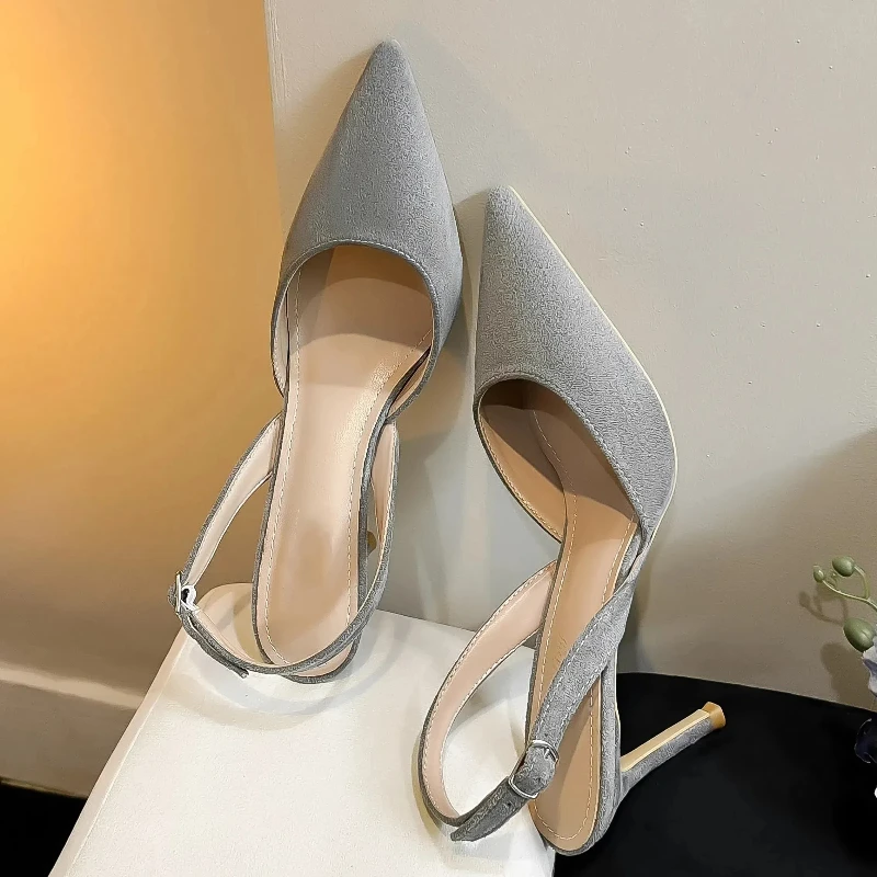 New Four Seasons Women\'s High Heels Stiletto Pointed Toe Closed Toe Sling Back Fashion Suede One-strap Sling Back Sandals