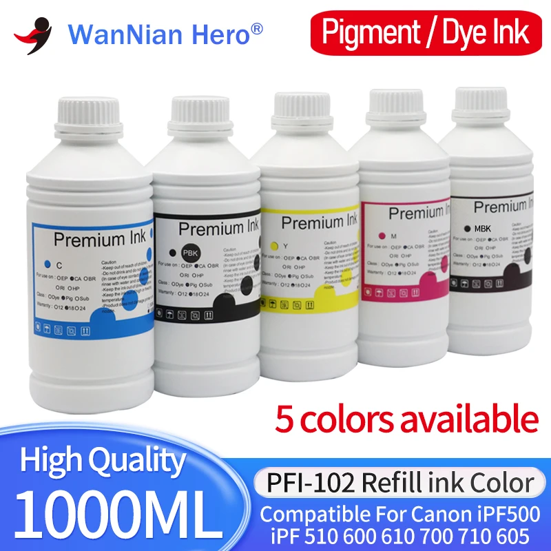 1000ML PFI-102 PFI-104 Pigment Ink Dye Ink Refill ink for Canon  iPF500 510 600 610 700 710 605 iPF-650 655 750 755 760 765 Ink