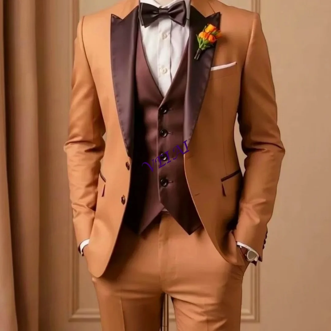 

Индивидуальный новый оранжевый и коричневый деловой мужской костюм, жених, жених, свадебная вечеринка, выпускной, мужские смокинги, комплект из 3 предметов, пиджак, жилет