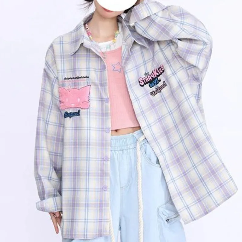 Korean Y2k Elegant Blouses Purple Blue Cat Plaid Shirt Woman Autumn Casual Long Sleeve Streetwear Versatile Cardigan Coat Tops