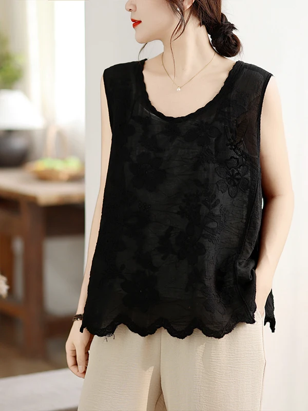 Embroidered Heavyweight Lightweight Sleeveless Vest T-Shirt Women Summer Loose Young-looking Shoulder Top Trendy Pure Color