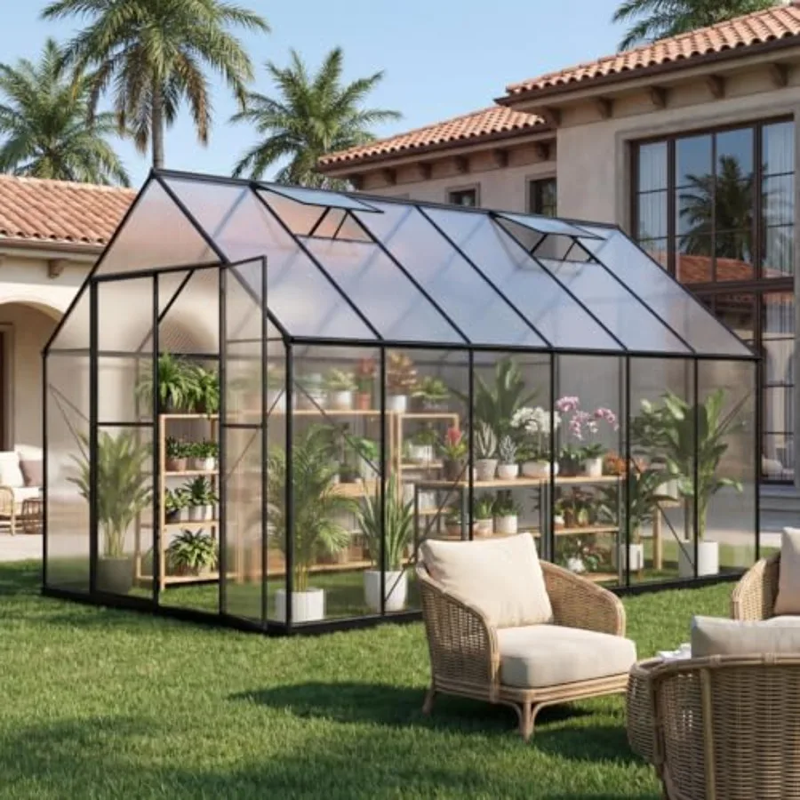 

8x12 FT Outdoor Greenhouse with Aluminum Frame Polycarbonate Greenhouse for Garden Backyard Patio Lawn Black Roof Vent Walk-in