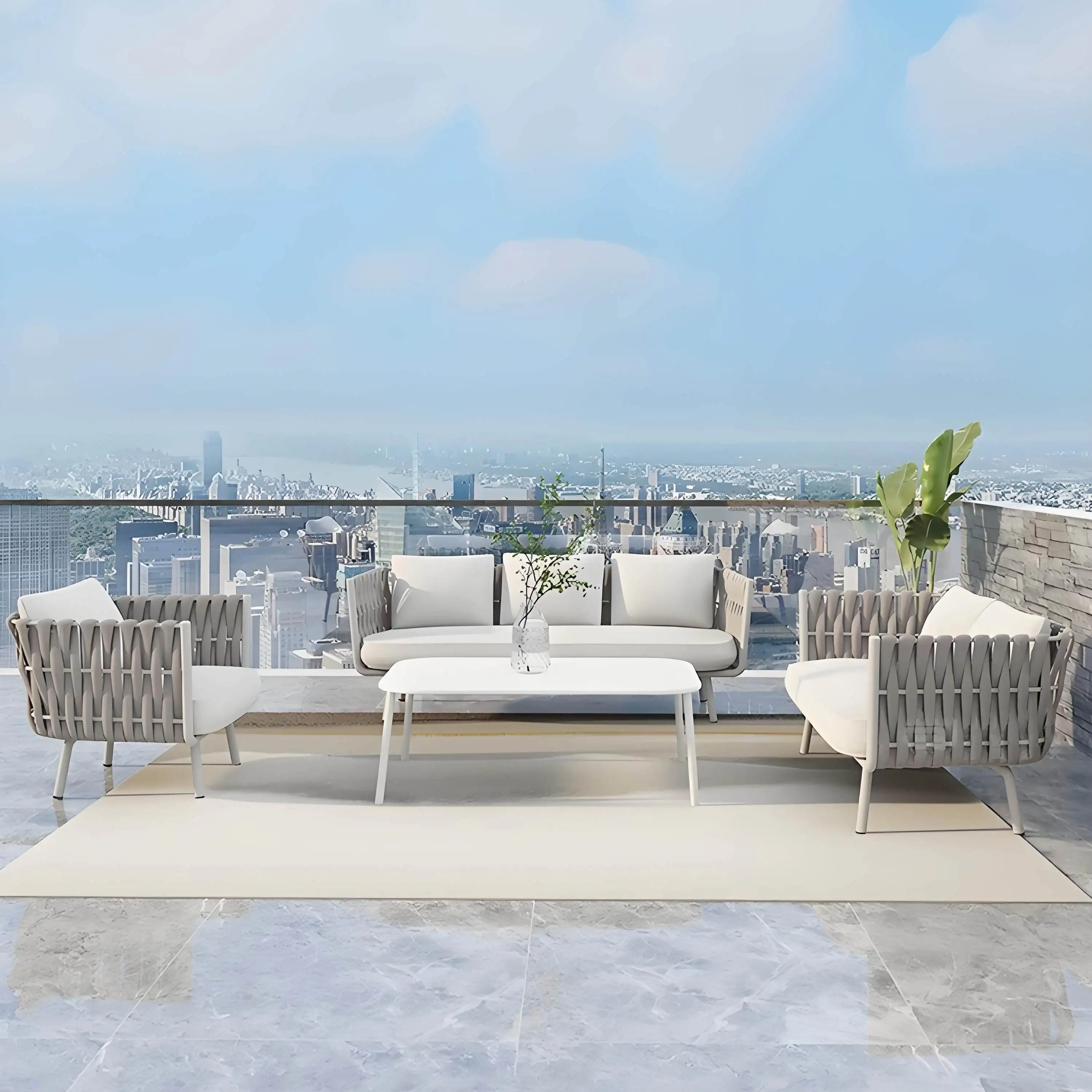 For Rattan Garden Sofa Set with Coffee Table, Waterproof for Patio & Balcony