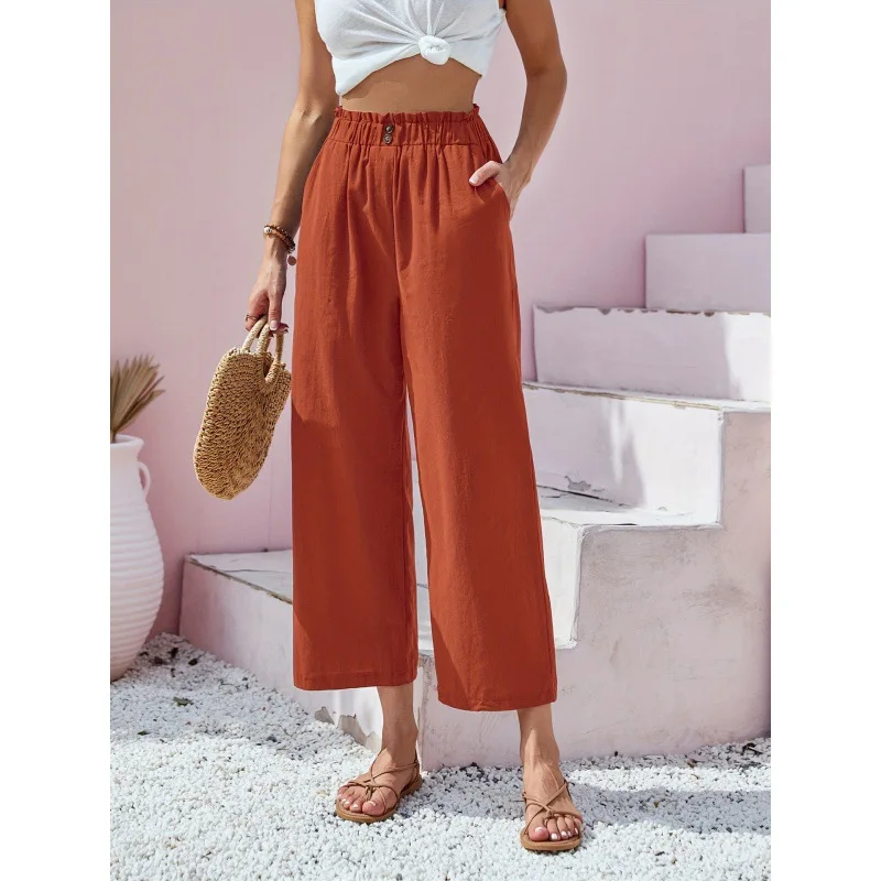 Women's High Waisted Lotus Leaf Elastic Waist Cotton Linen Casual Pants Office Lady Pocket Splicing Straight Trousers Femme