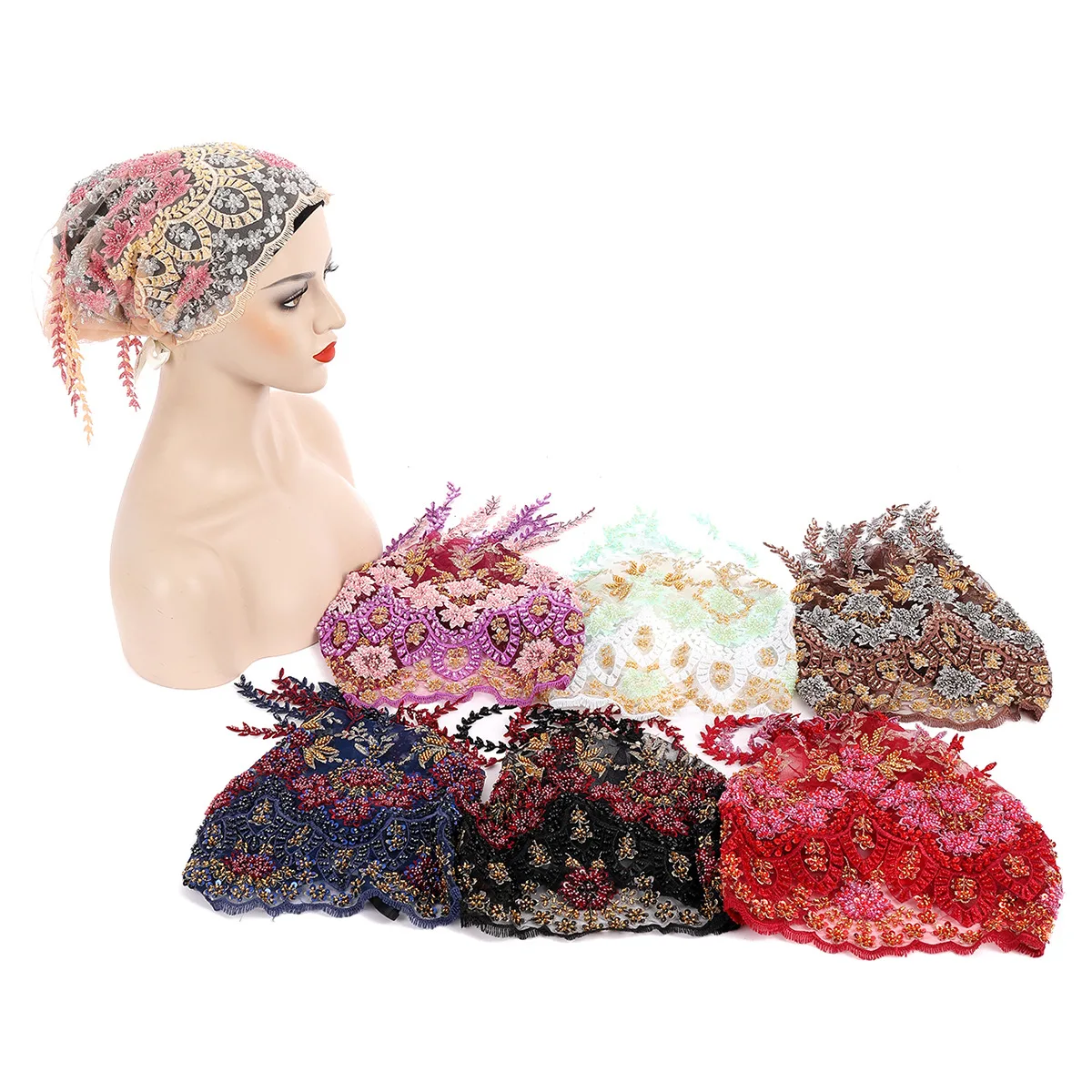 New Ethnic Tassel Headscarf Beaded Embroidery Turban Luxury Tassel Bonnet Women Muslim Hijab Lace Wedding Party Headwear Beanies - view 6