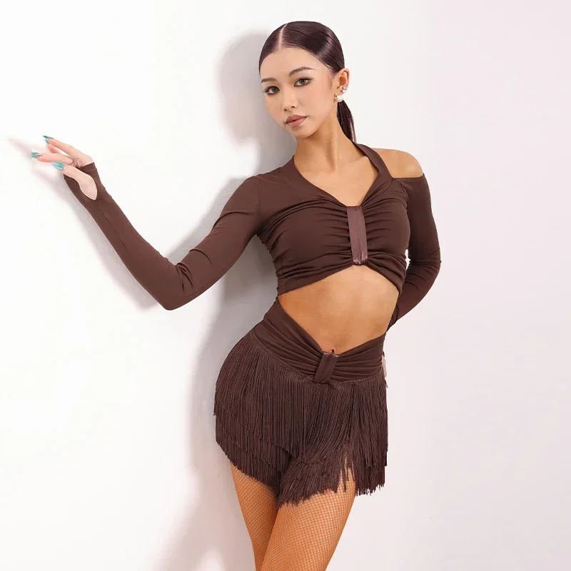 

Платье для латинских танцев, женские топы с длинными рукавами, юбка с бахромой, одежда для танцев ча-ча, румбы, самбы, комплект одежды для выступлений