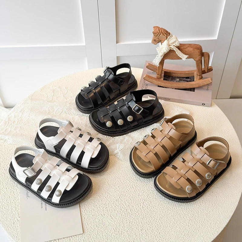 

Children's Sandals 3-18 Years Old Brown Open Toe Soft Boys Girls Beach Shoes White Lightweight Non-slip Kids Roman Sandals