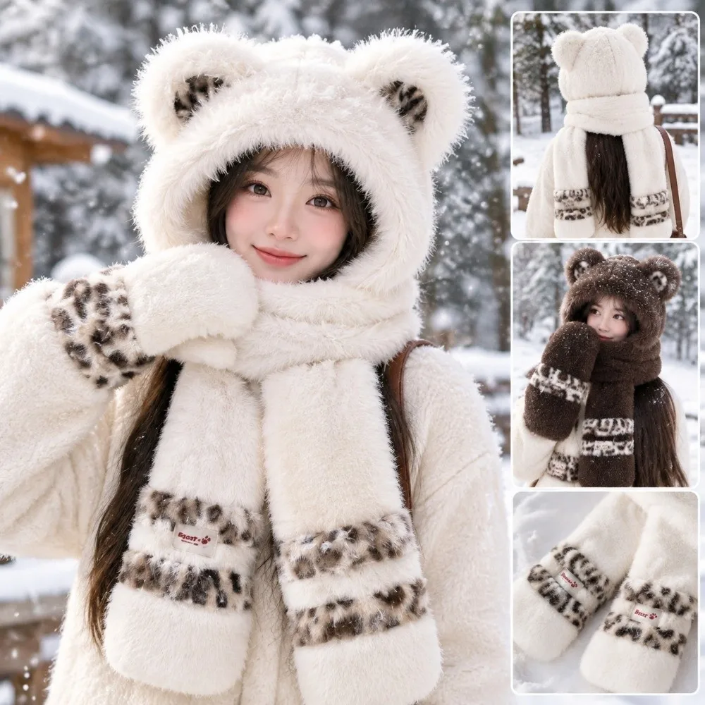 Leisure Ear Protection Plush Bear Ears Hat Winter Bib Scarf Hat Gloves Set All-match Cartoon Winter Beanie Children