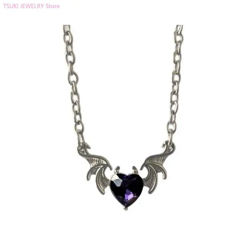 62KE Heart Devil Wing Necklace Goth Love Pendant Choker Love Necklace Alloy Material