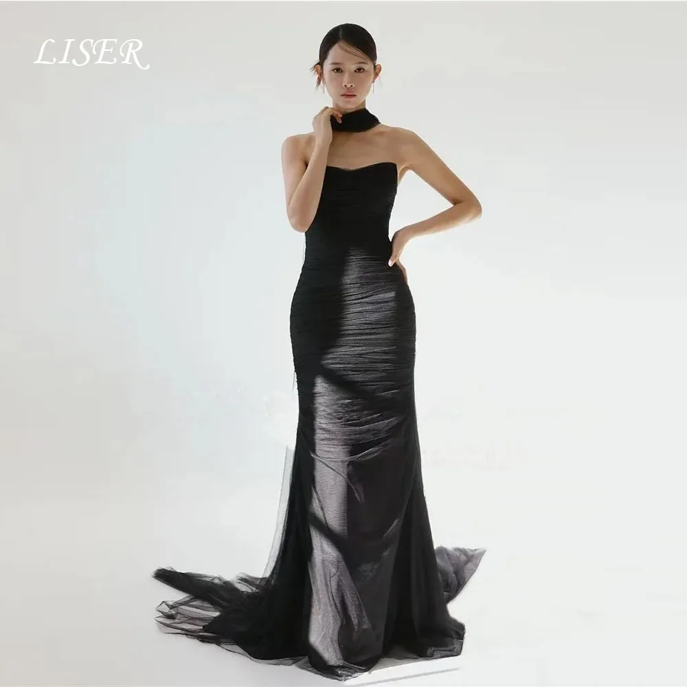 

Liser Black Mermaid Evening Dresses Korea Wedding Photo shoot Soft Tulle Prom Gowns Corset Back Long Evening Party Corset