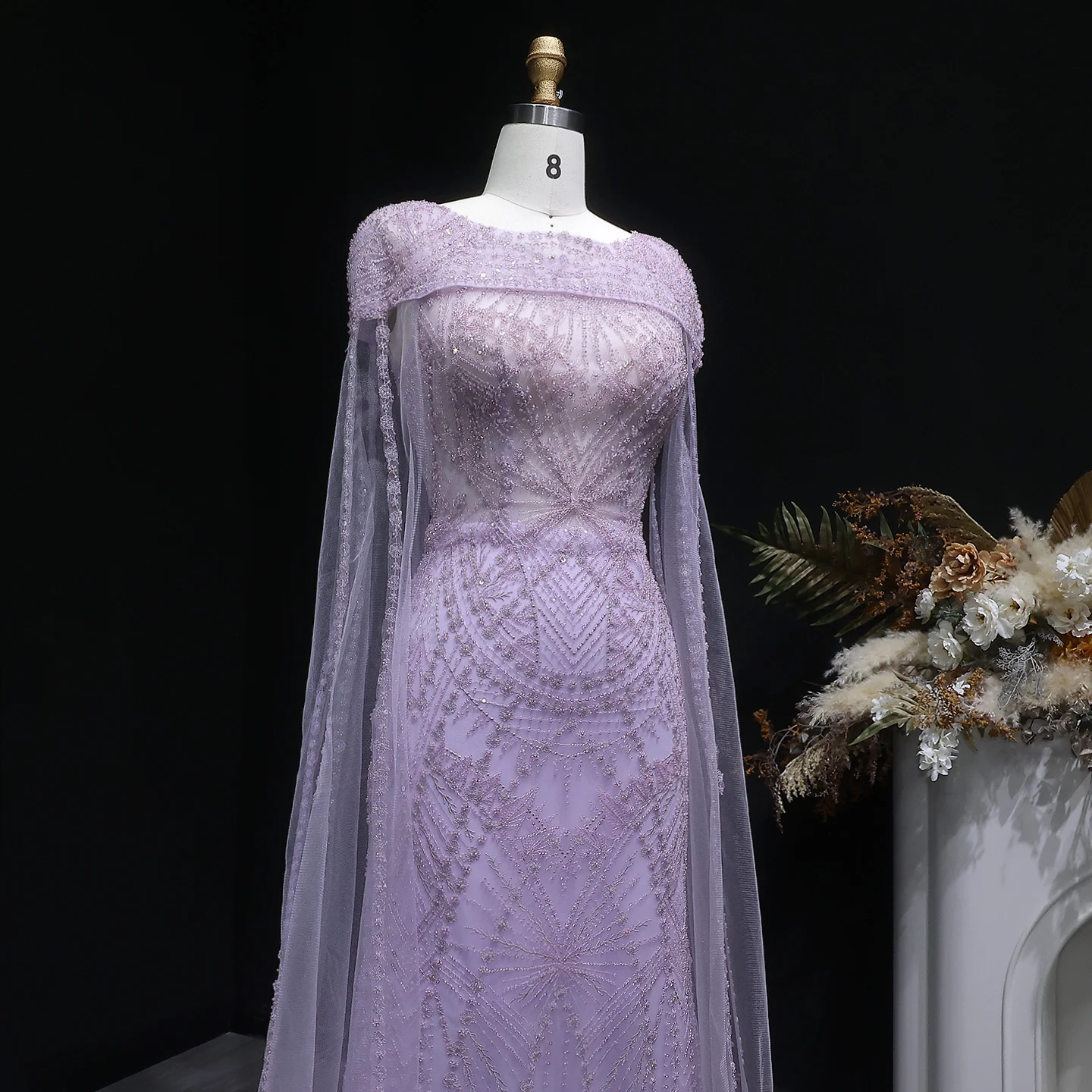 Sharon Said Elegante Fliederfarbene Meerjungfrauen-Abendkleider mit Cape-Ärmeln, Luxuriös Perlenbestickte Arabische Damen-Abendkleider SS019 Maßanfertigung – Detail 6