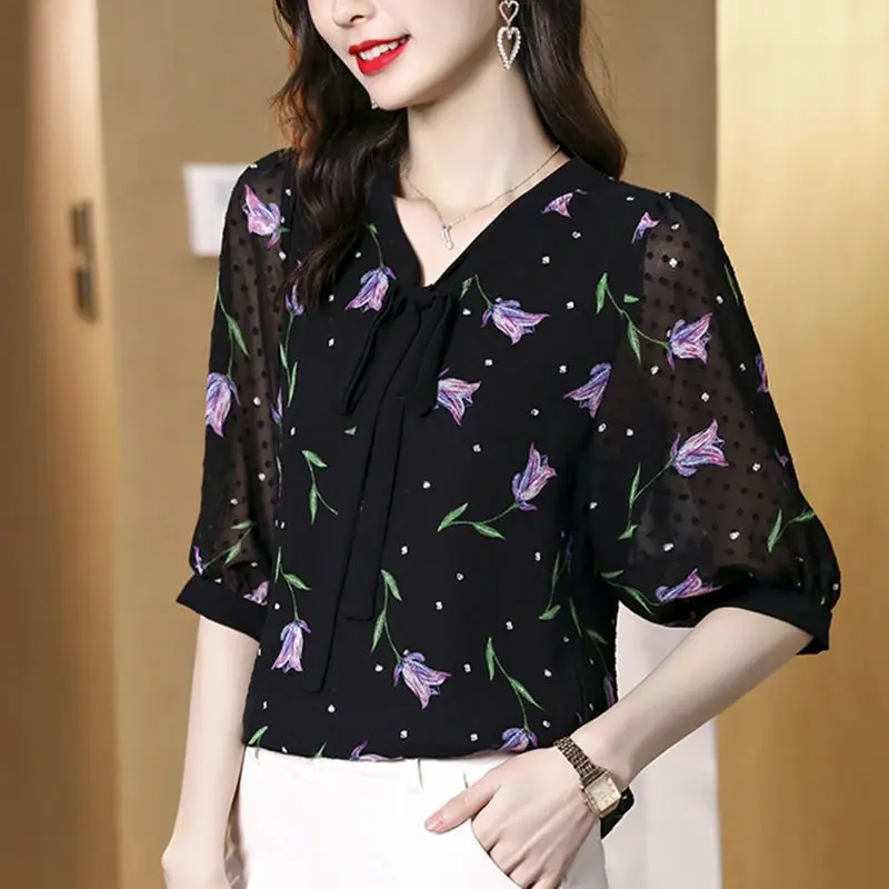 Blusa de chiffon floral novo estilo verão solto ajuste camisa feminina emagrecimento