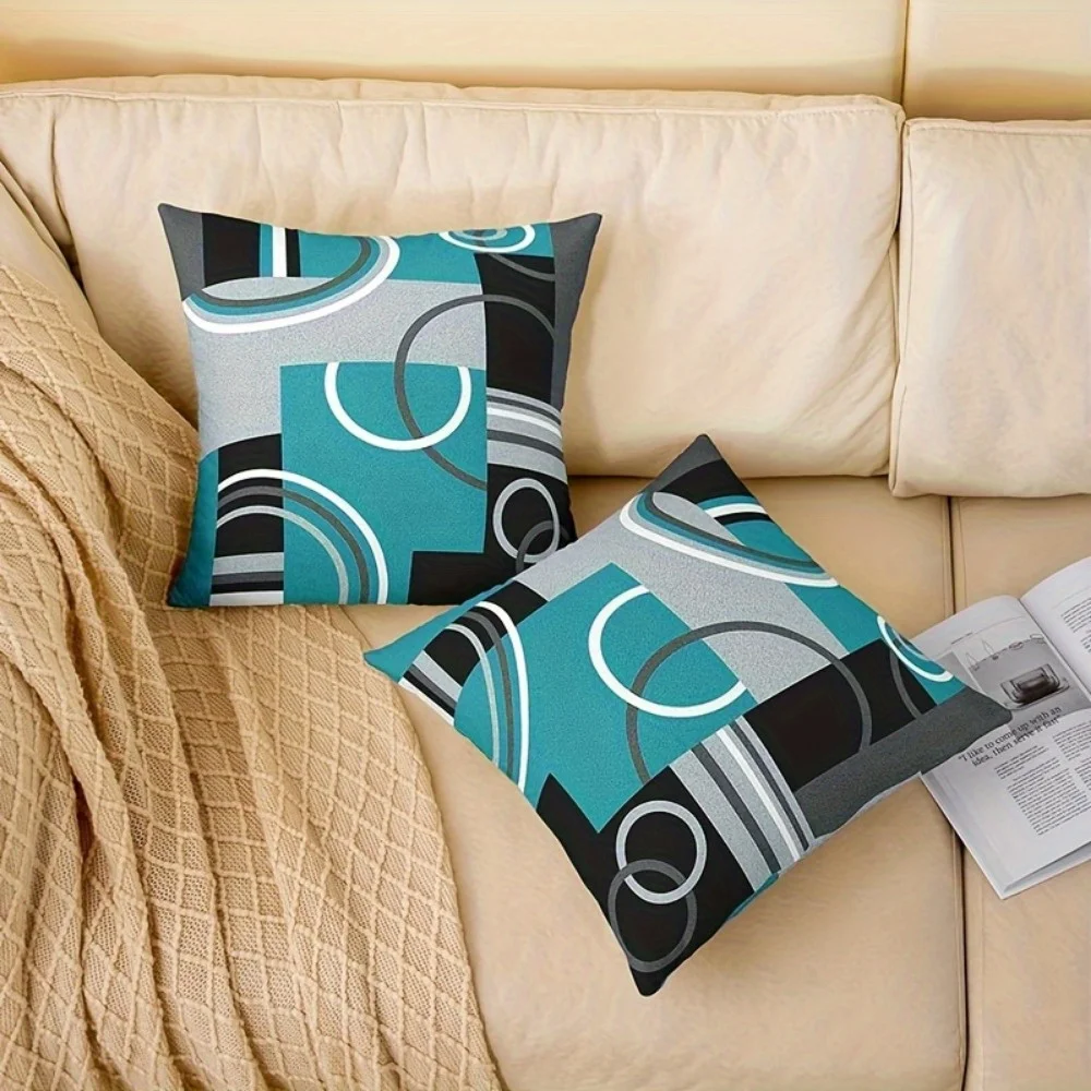 4Pcs Abstract Circle Pillow Covers 40x40cm Double-sided Printed Teal Grey Cushion Cases Modern Geometric Decor No Insert