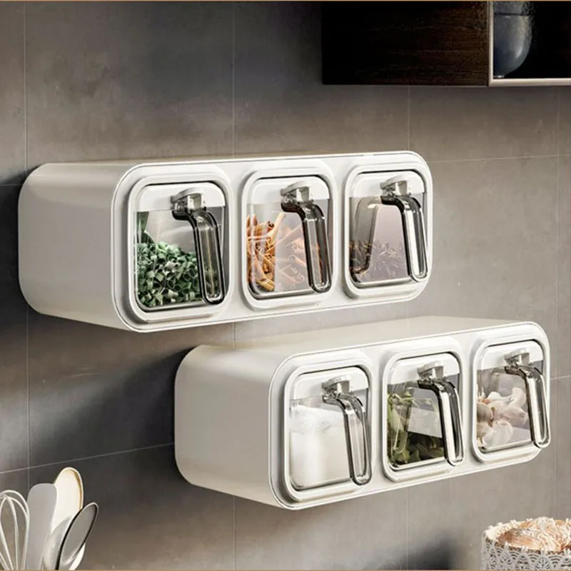 Wall Mount Spice Rack Organizer Sugar Bowl Salt Shaker Seasoning Container Kitchen Supplies Storage Set Spice Boxes