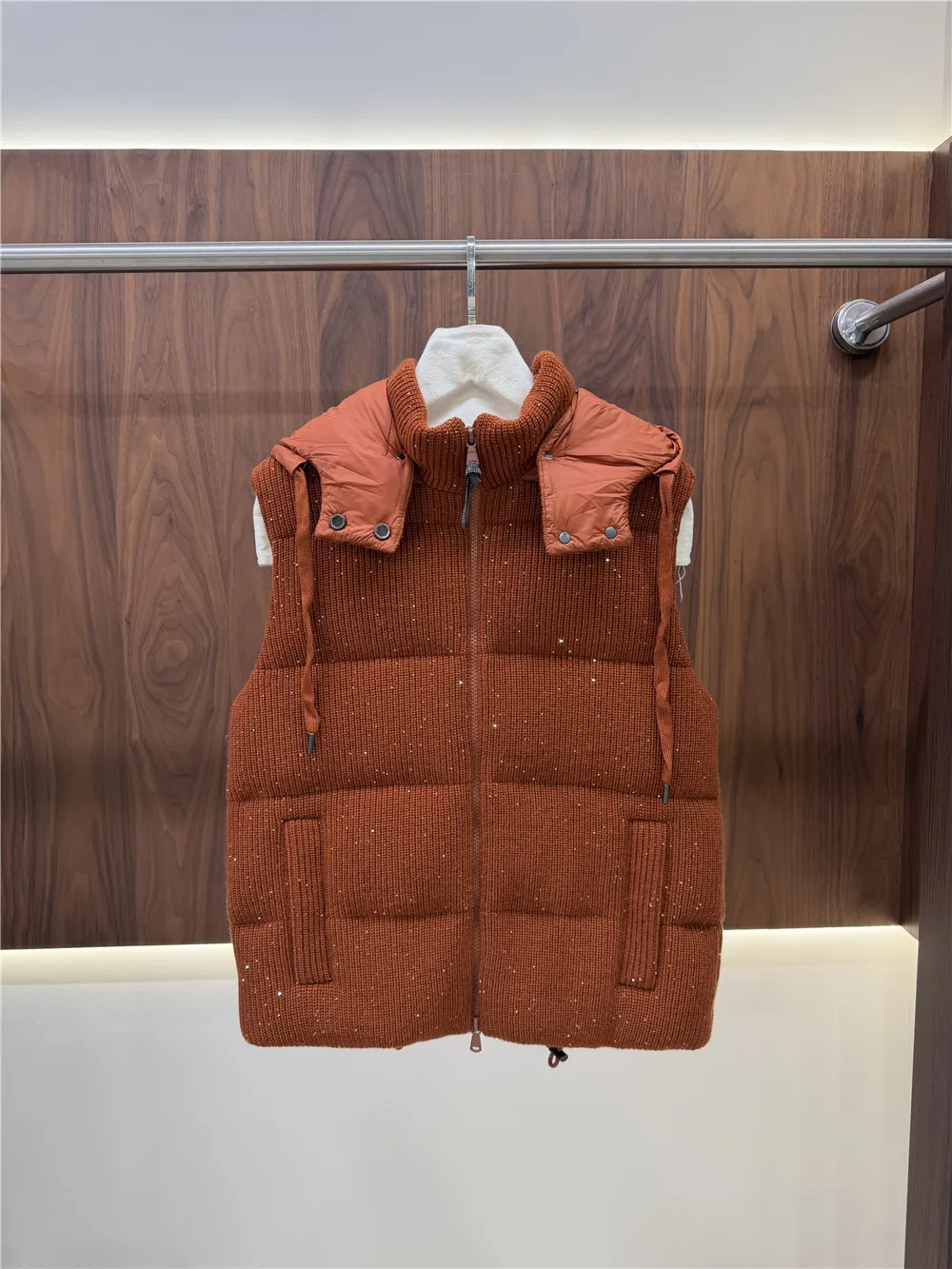 2026 New Collection Women's Winter Hooded Down Vest Wool Cashmere Sleeveless Zipper Jacket Coat