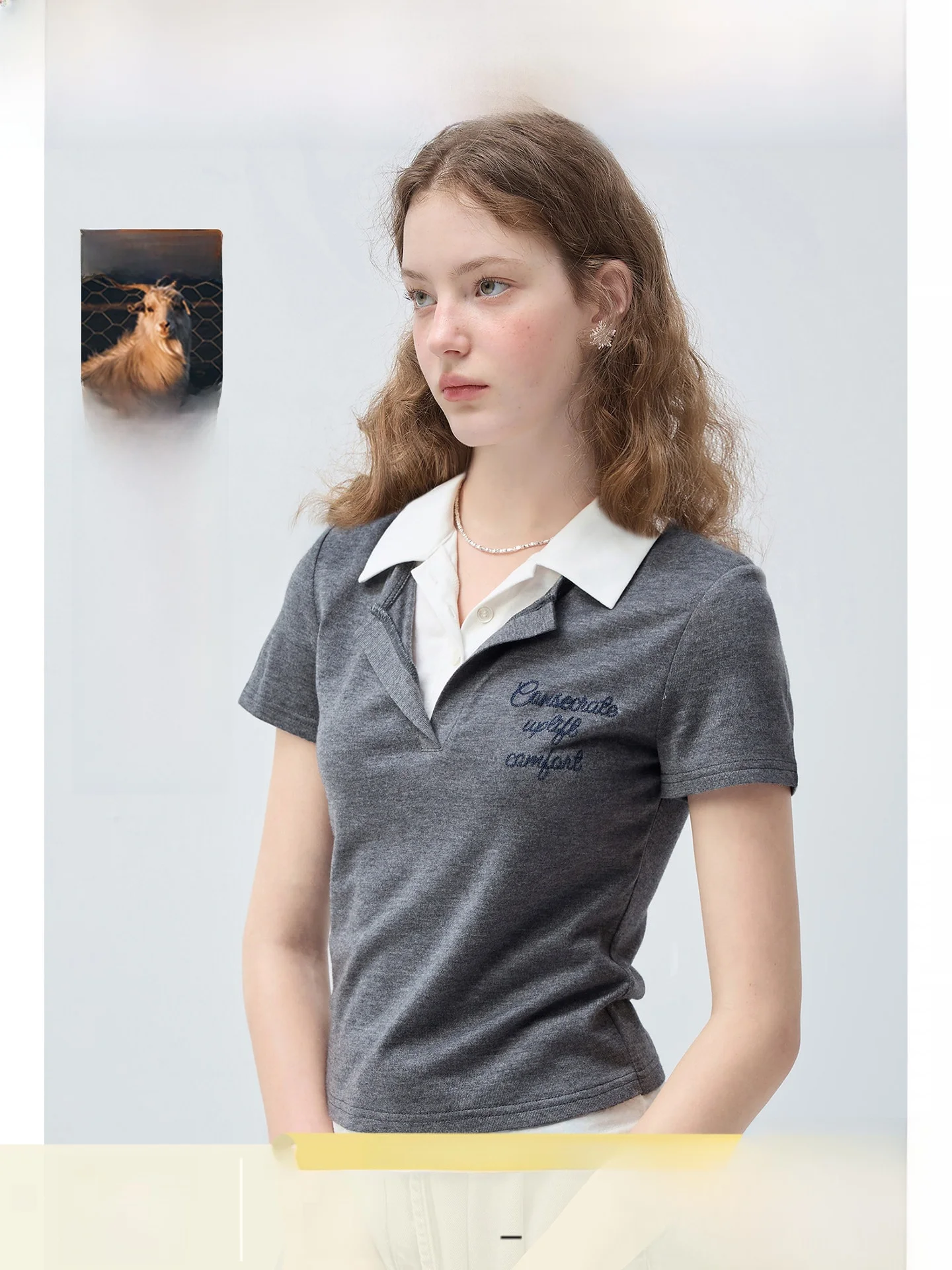 

Женская футболка больших размеров из смесовой шерсти с коротким рукавом, имитация двухслойности, с завышенной талией, летний топ в корейском стиле для повседневной носки