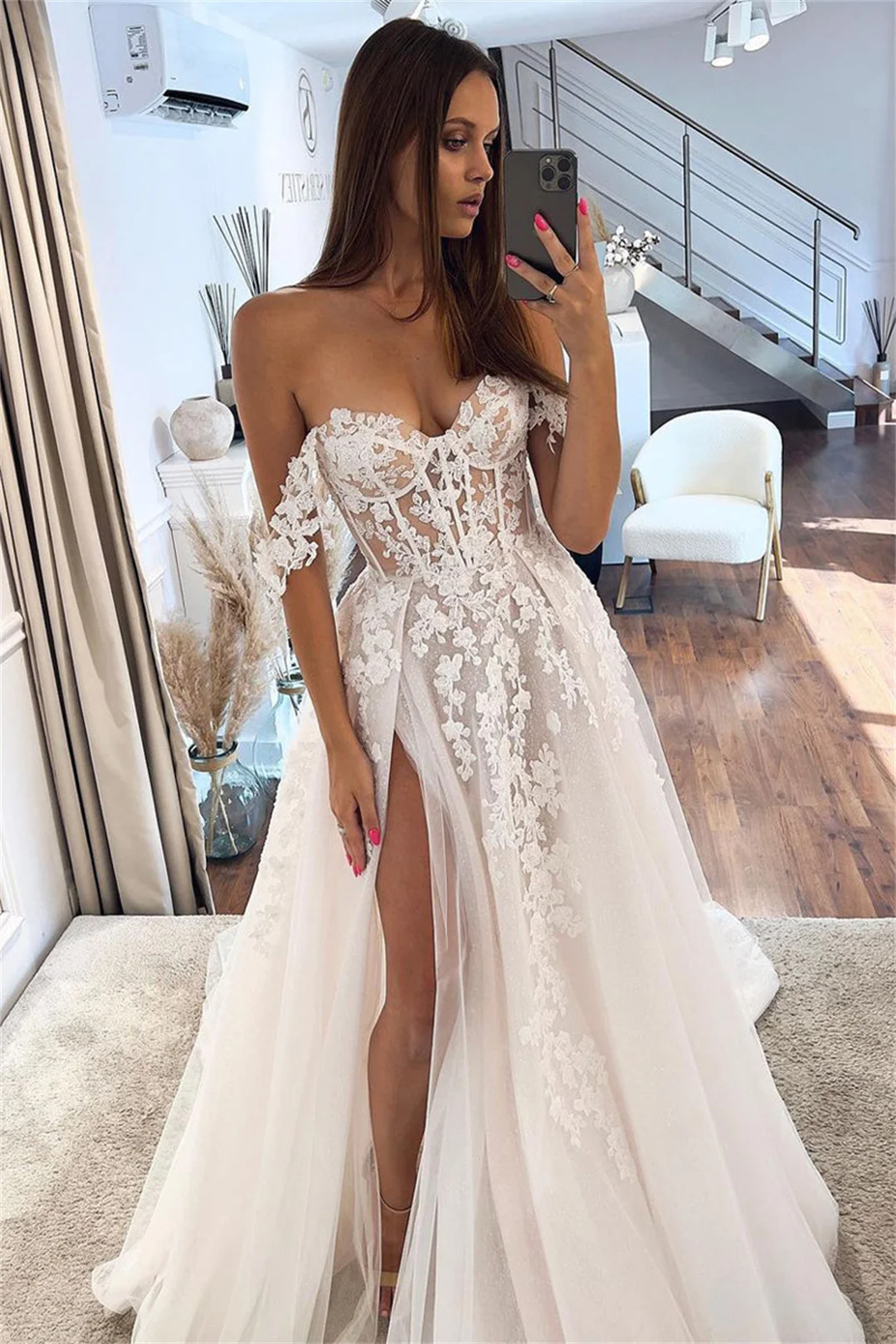 

Ivory Tulle Off the Shoulder Wedding Dresses Elegant A-line Appliques Lace vestidos de novia Glitter Slit Long Brides Gowns 2026