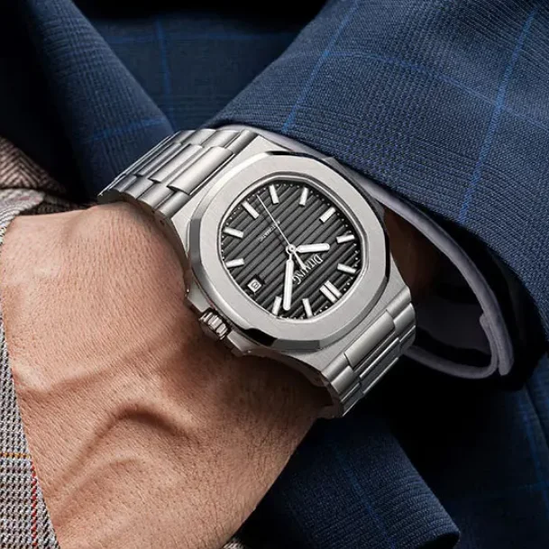 DITALING Men Automatic Watch 42.5mm Square Case Mechanical Wristwatch 50m Waterproof Sapphire Butterfly Clasp Luminous