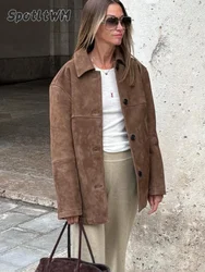 2024 Autumn New Brown Solid Lapel Loose Spliced Short Coat Women Button With Pocket Long Sleeve Warm Jacket Lady New Outerwear