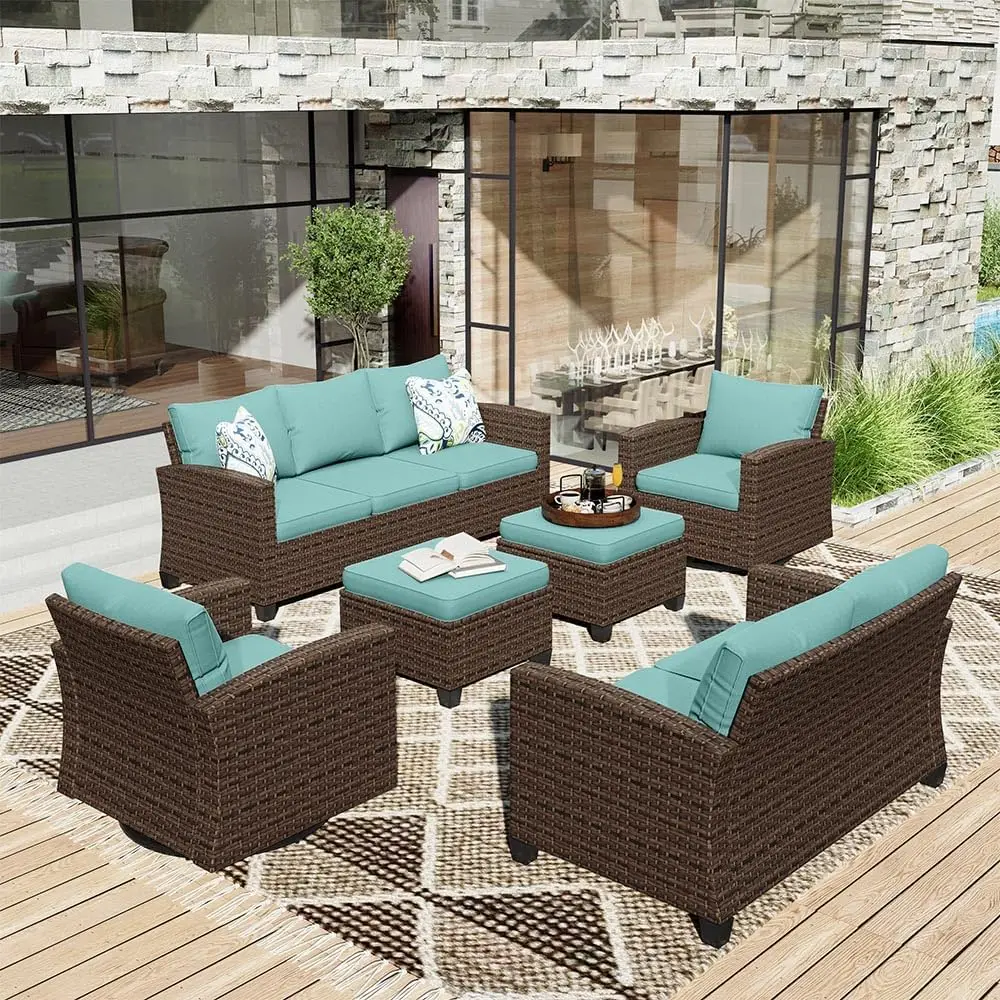 Outdoor Patio Furniture Set with Swivel Rocker Glide Chairs, 6 Pieces Wicker Patio Sofa Conversation Set with Ottom