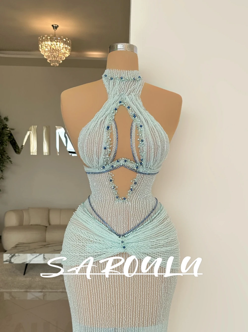 

Intricate Pearls Beading Evening Dress Stunning Halter Straight See Through Women Prom Gown Customized Cocktail Party Wear