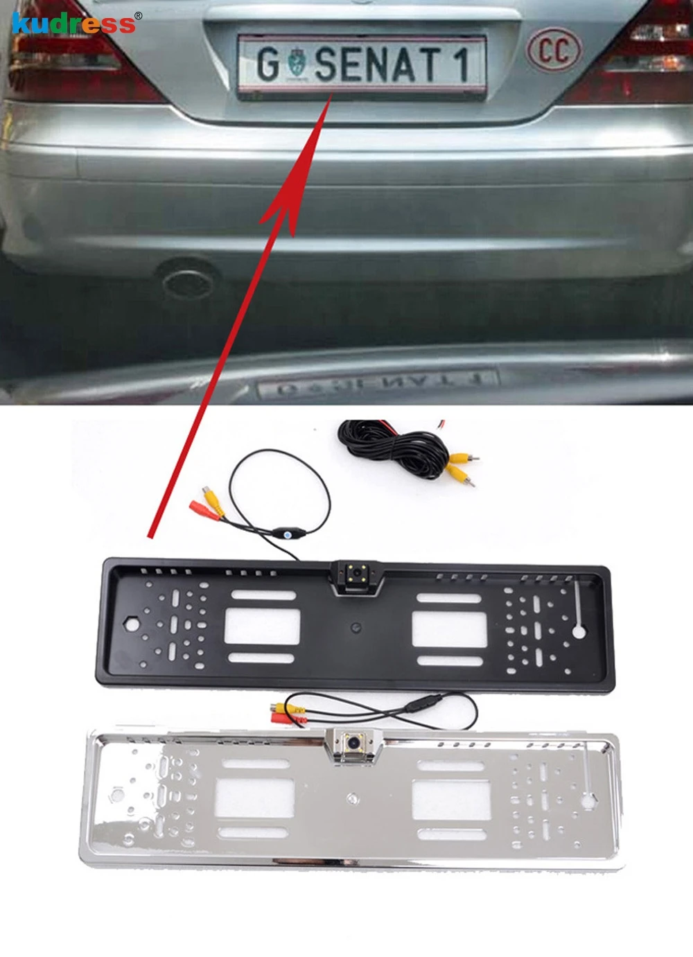 European License Plate Frame Rear View Camera EU Number Plate Backup Reversing Rearview Camera 4 LED Night Vision Parking Assist