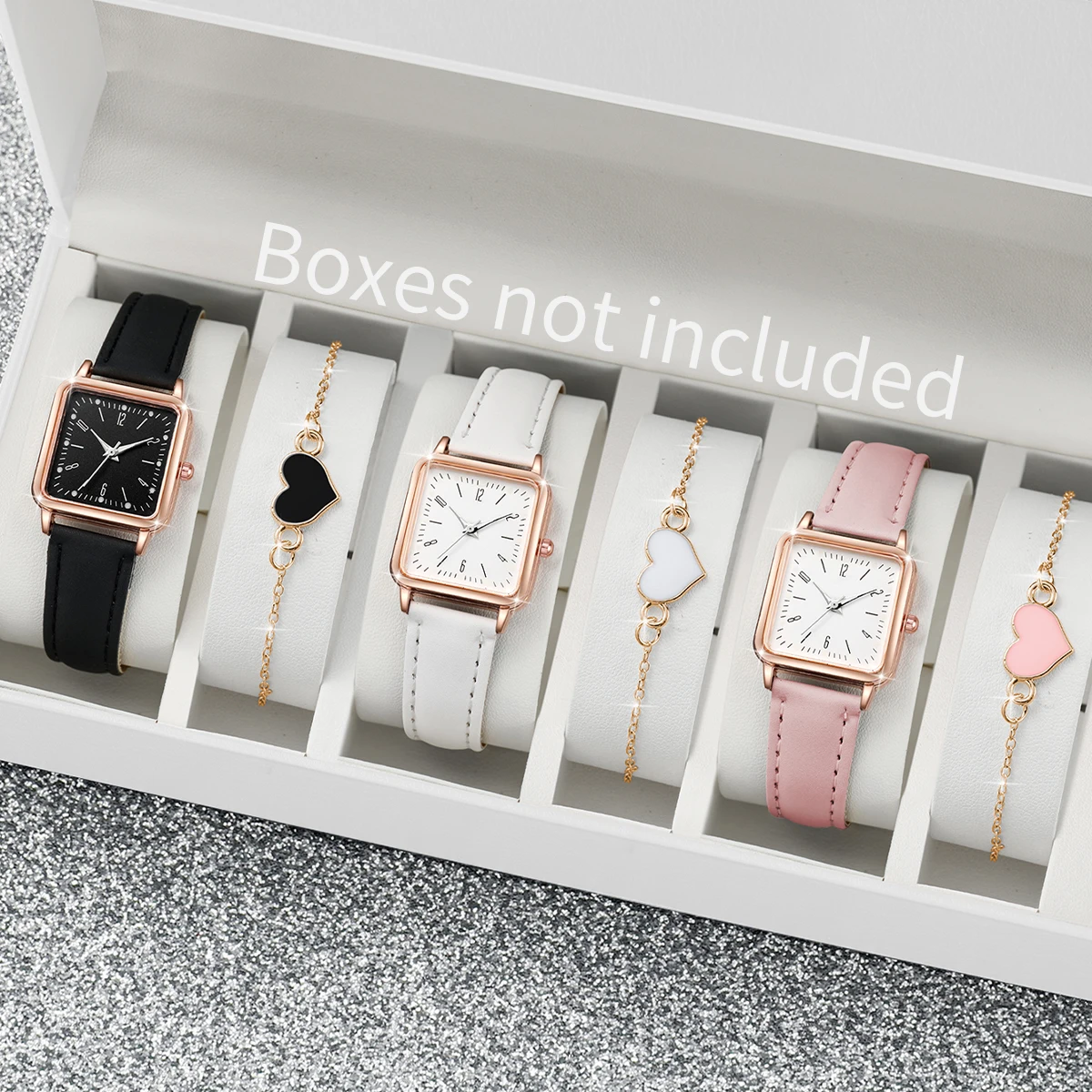 6PCS/Set Women\'s Watches Fashion Square Leather Band Quartz Watch Heart Bracelets Set(Without Box)
