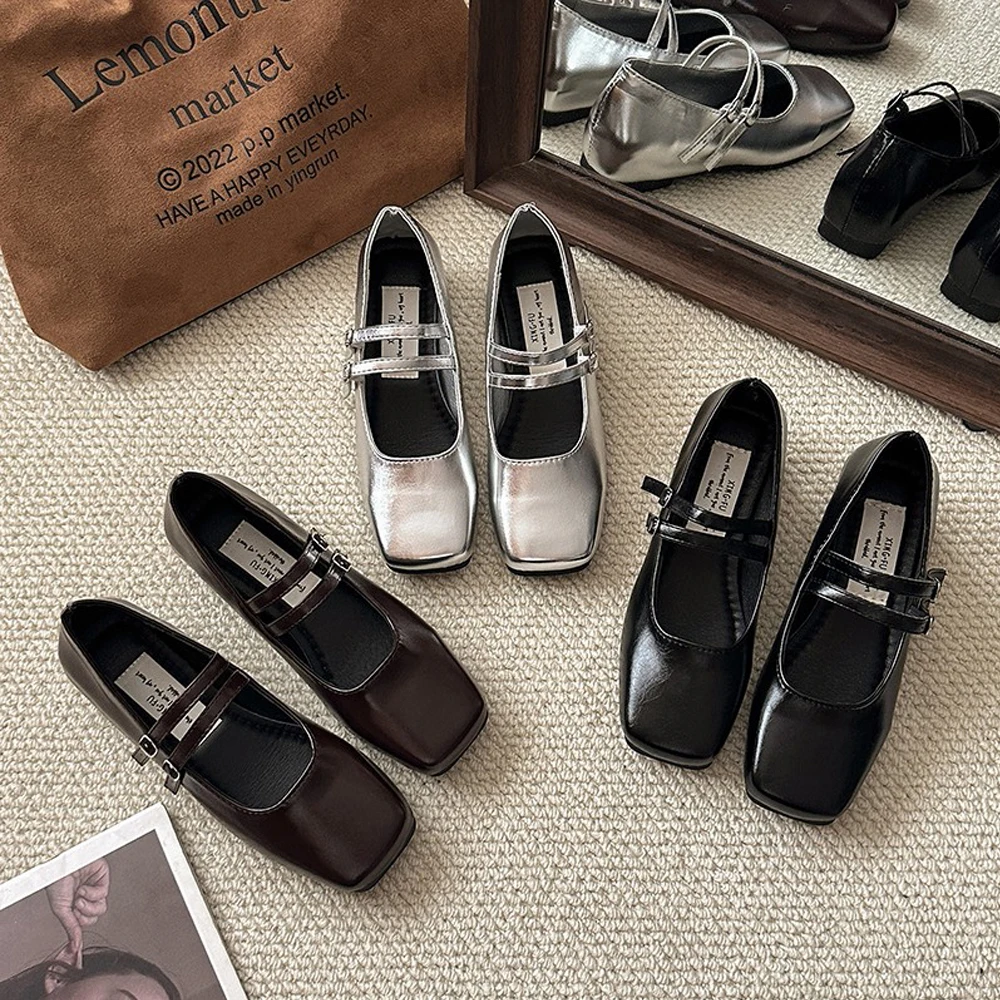 

Womens Mary Jane Flats Shoes with Two Adjustable Strap Comfortable Square Closed Toe Office Work Dress Shoes Footwear