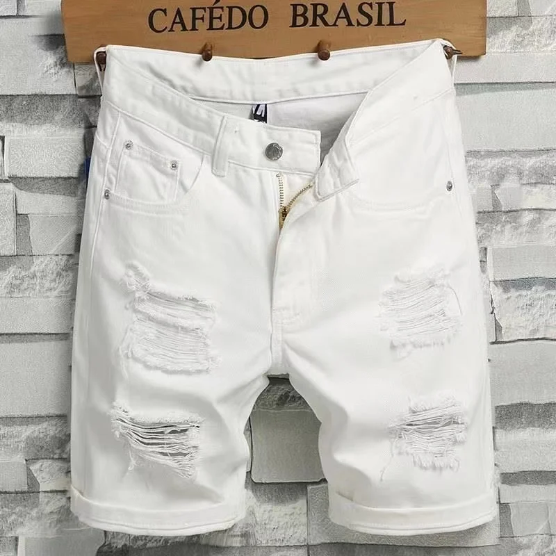 

Loose Straight Leg Men's Denim orts White Five-Quarter Length Summer Faion Casual Low Waist Thin Denim Fabric Youth Sle