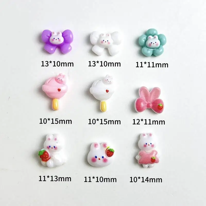 20pcs Cartoon Cute Flowers Bows Rabbits Head Nail Charms Powder Blusher Strawberry Rabbits Ear Nail Art Decorations for DIY Nail