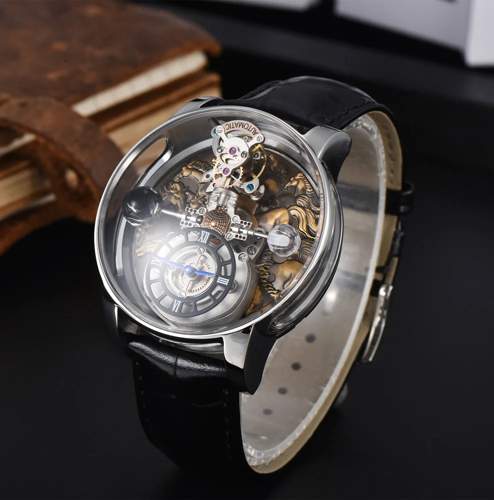 46mm Vintage Horse Men’s Fashion Quartz Watch High-Hardness Glass Stainless Steel Case Swiss Quartz Movement Leather Strap Watch