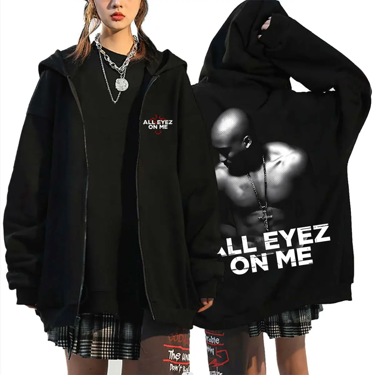 Rapper Tupac 2pac All Eyez on Me Cross Zipper Hoodie Men Women Hip Hop Fashion Zip Up Hoodies Men's Casual Oversized Streetwear