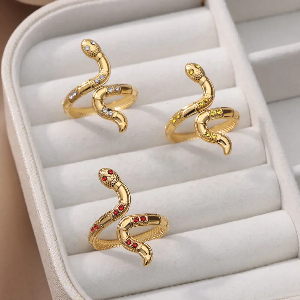 Zircon Snake Rings for Women Men Gothic Open Stainless Steel Ring Charming Vintage Animal Aesthetic Jewelry anillos mujer hombre