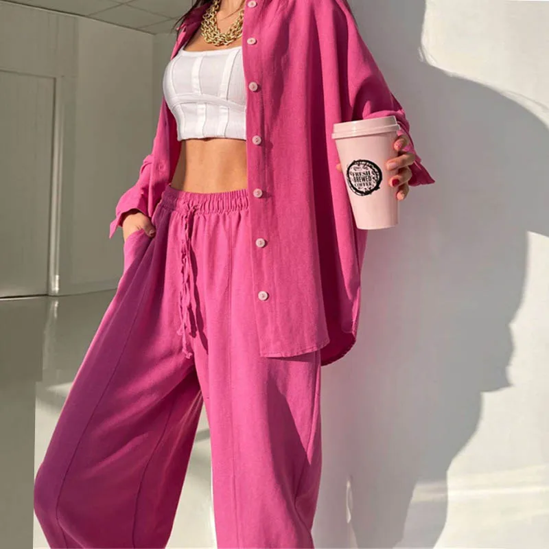 Women Solid color Shirt set Elegant Summer Fashion Long sleeve Buttons blouse + waist Wide Leg long Pants two Piece set outfit