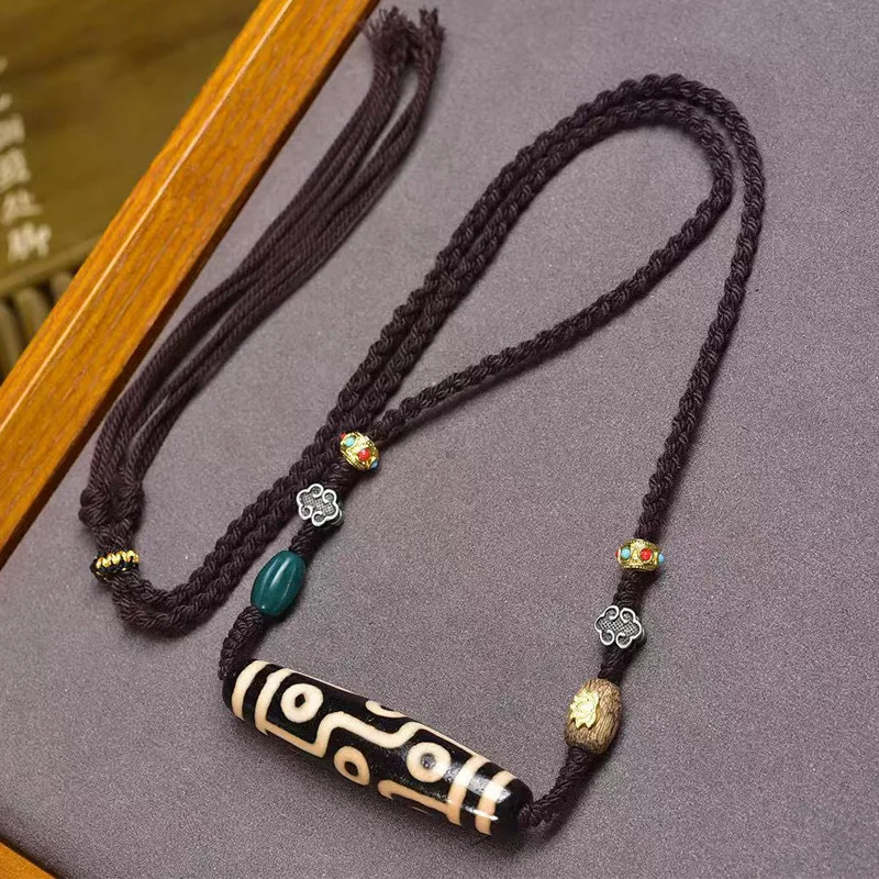 

Nine-Eyed Dzi Bead Pendant Sweater Clavicle Chain Agate Accessories Braided Rope Necklace