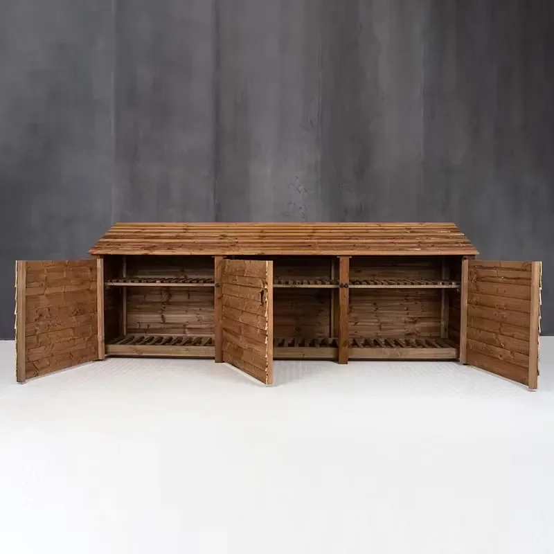 Waterproof Wooden Garden Tools Organizer Cabinet Triple Bay Firewood Storage Rack Outdoor Log Store