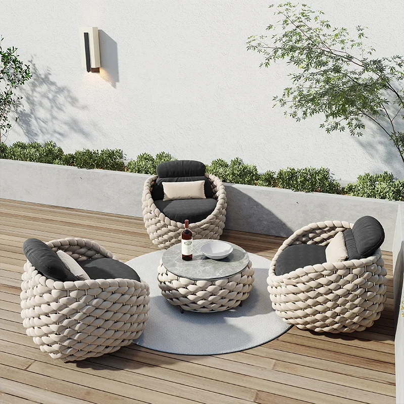 Modern Villa Courtyard Hotel Garden Set Metal Aluminum Frame Fabric Waterproof Cushion Patio Furniture Rope Outdoor Sofa Balcony