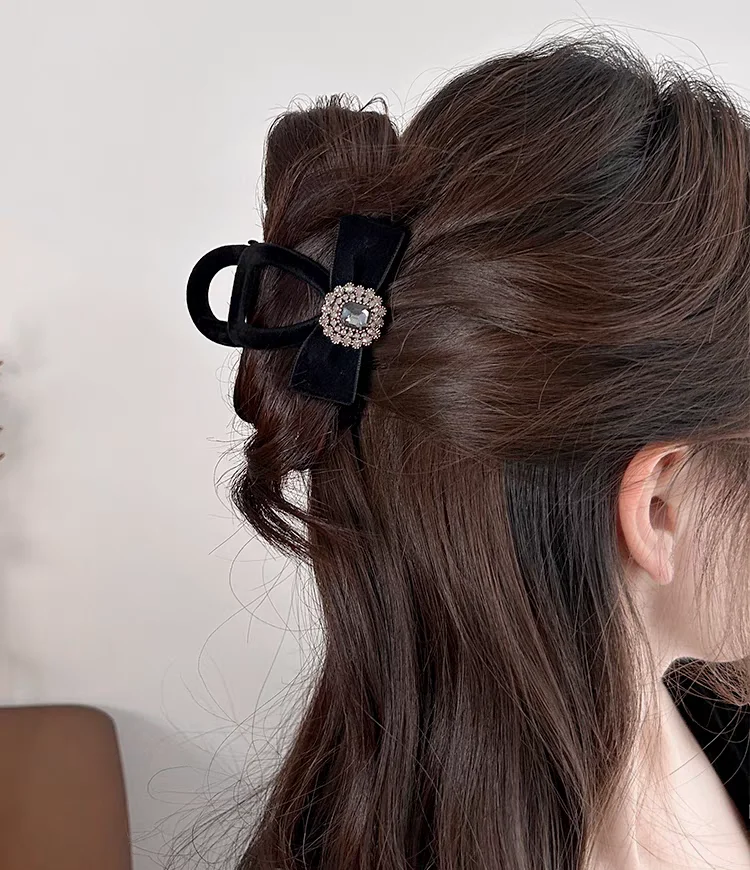 Fermagli per capelli con fiocco in velluto nero di cristallo da 8 CM Clip per capelli da donna autunno inverno accessori per capelli coreani eleganti francesi copricapo regalo