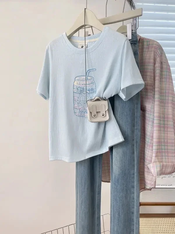 Korean Style Girl's Embroidered  Beverage Can T-Shirt Short Sleeve round Neck Casual Summer Top Breathable Soft Cotton