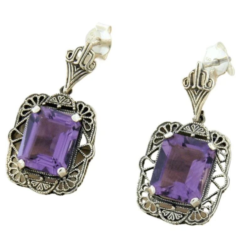 Vintage Palace Pattern Charm Amethyst Large Stone Dangle Earrings Women\'s Fashion Elegant Party Accessories Holiday Jewelry Gift