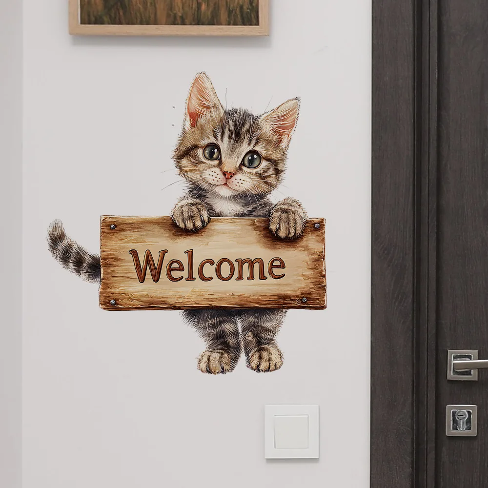 1pc Welcome Kitten Wall Sticker, Self-Adhesive Decorative Sticker, Suitable for Front Door, Living Room, Entryway