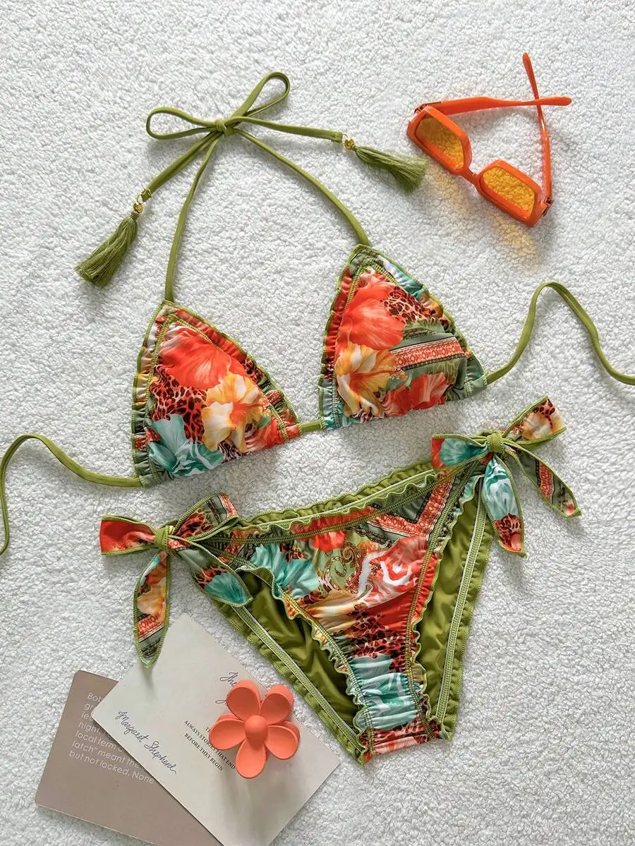 

Olive Green Trimmed Floral Leopard Print Ruffled Halter Bikini With Tassels And Adjustable Side Ties For Summer Beachwear