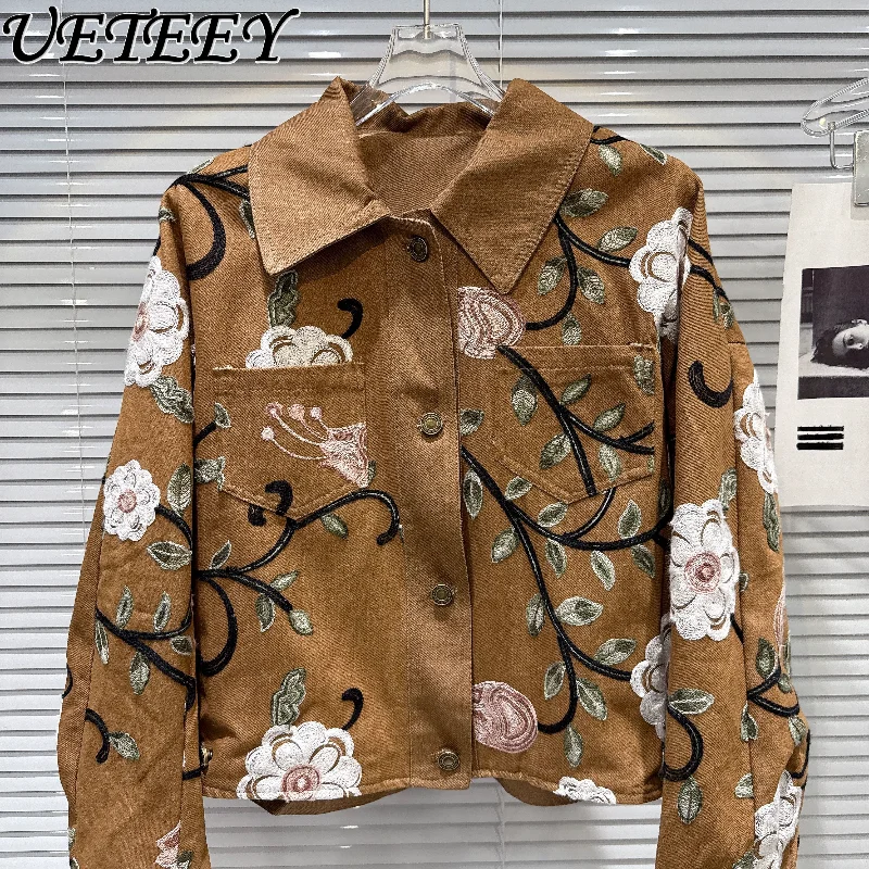 

2025 Autumn Winter New Retro Colorful Floral Embroidery Long Sleeve Denim Jacket Short Coat Loose Casual Coat Women Outerwear