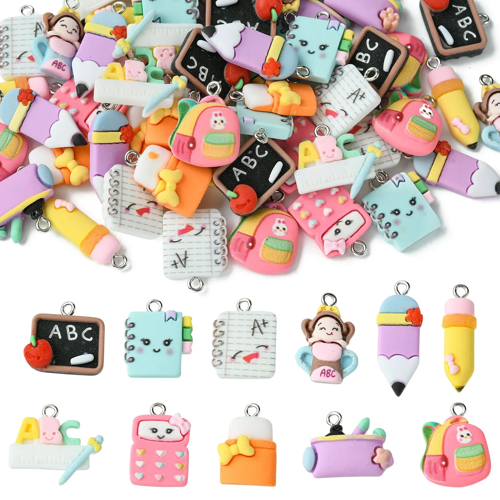 

55Pcs 11 Styles Resin Back to School Charms Colorful Stationery School Supplies Charms for Teacher's Day Jewelry Making