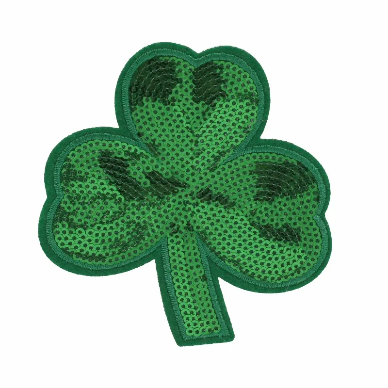 Embroidered Sequin Green Clover Iron-on Patch Applique, 3.6
