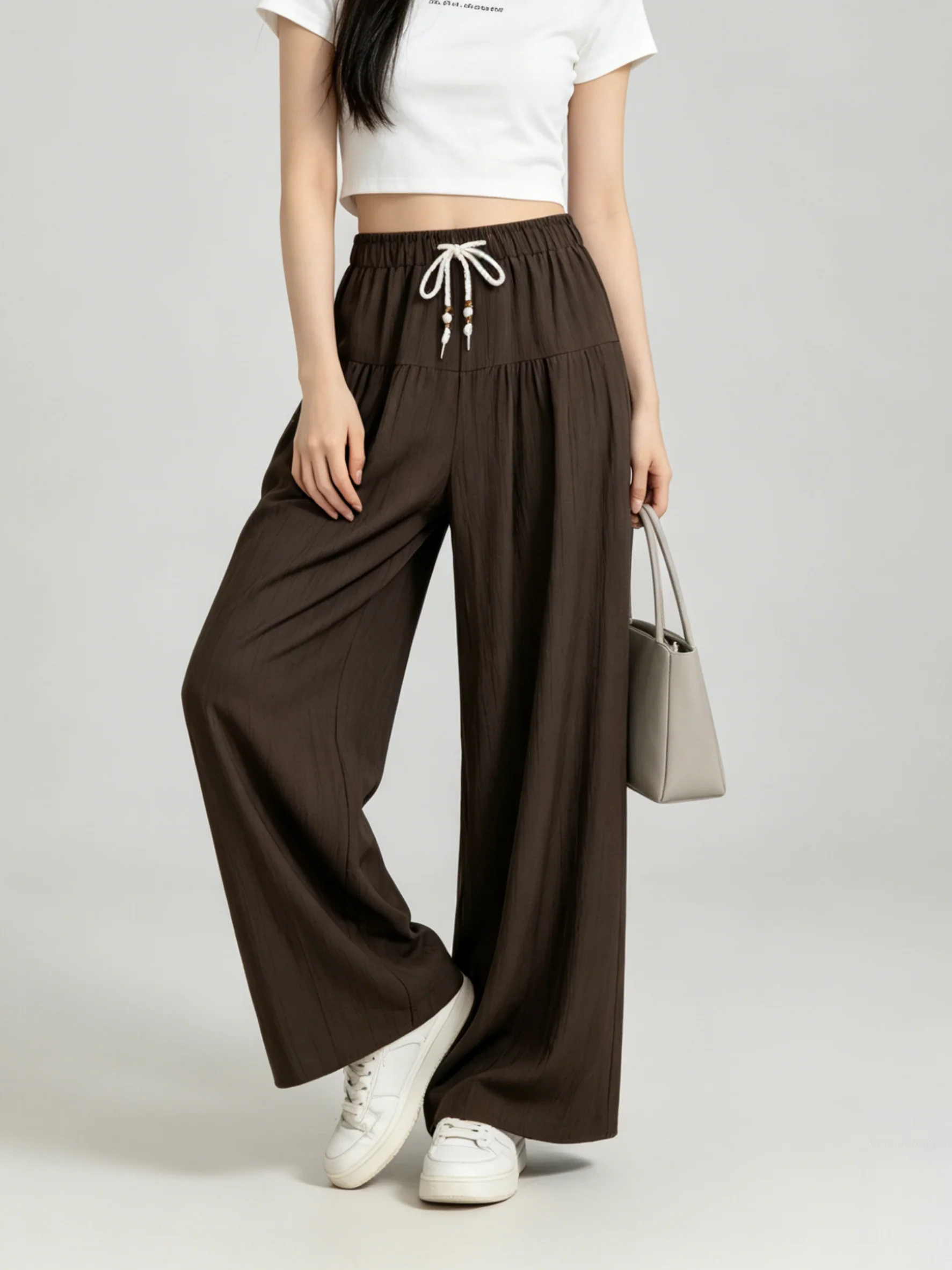 Summer Korean Style Lazy Fashion Ageless All-Match Elastic Waist Casual Pants Skin-Friendly Breathable New Wide Leg Long Pants