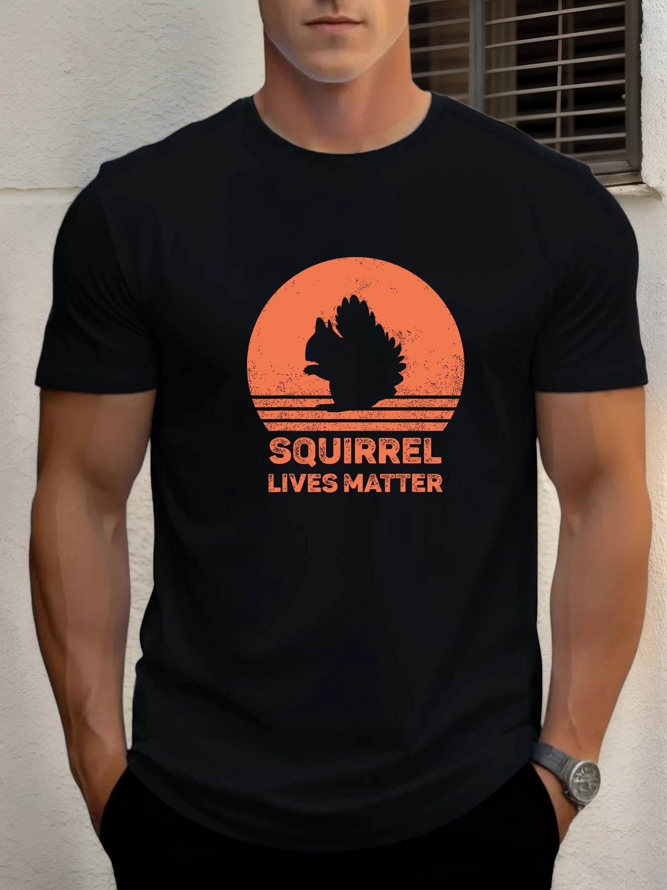 

2025 Summer Men's Cotton T Shirt Squirrel Trendy Print Round Neck T-Shirt Casual Breathable Street Style Daily Top