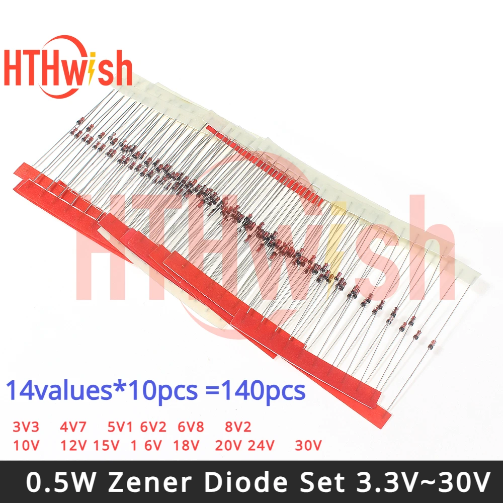 140PCS 0.5W Zener Diode Set 3.3V~30V Voltage Regulator Diode Pack 14 values Assorted Kit 4.7V 5.1V 6.2V 6.8V 8.2V 10V 12V 15V