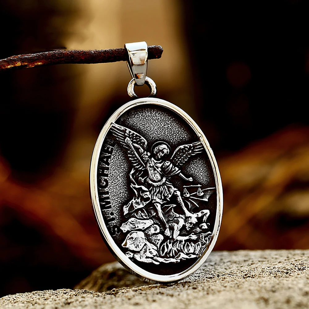 Classic Fashion Stainless Steel St. Michael Archangel Pendant For Men Punk Biker Vintage Amulet Necklace Charm Jewelry Wholesale